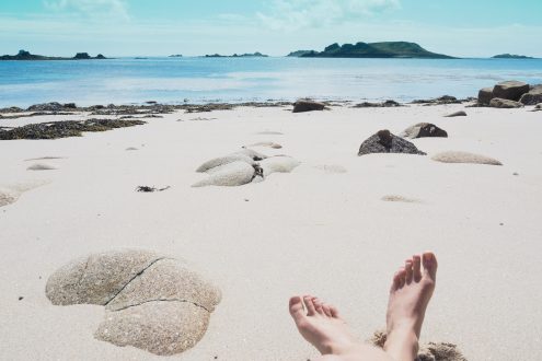 Shot of person's feet in the sand.