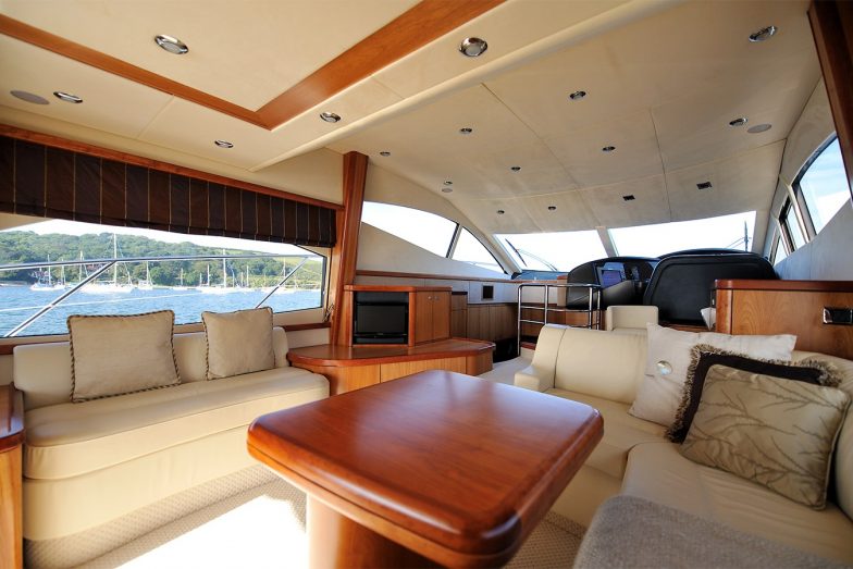 Cream and brown interior of yacht.