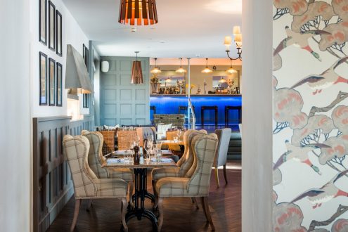 Bar area with blue lighting.